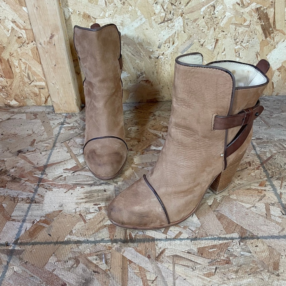 Rag & Bone Kinsey Buckle Ankle Boots Womens 39.5 Tan Leather Block Heel